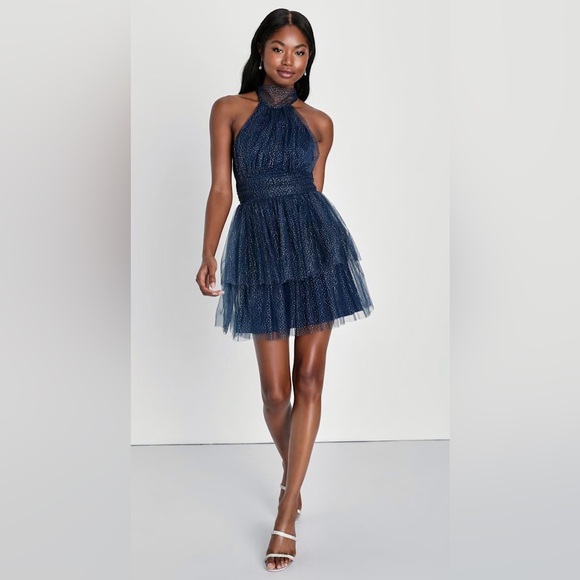 NWT Lulus Sweet Magic Navy Blue Glitter Tiered Tulle Halter Mini Dress, Medium - Picture 3 of 14